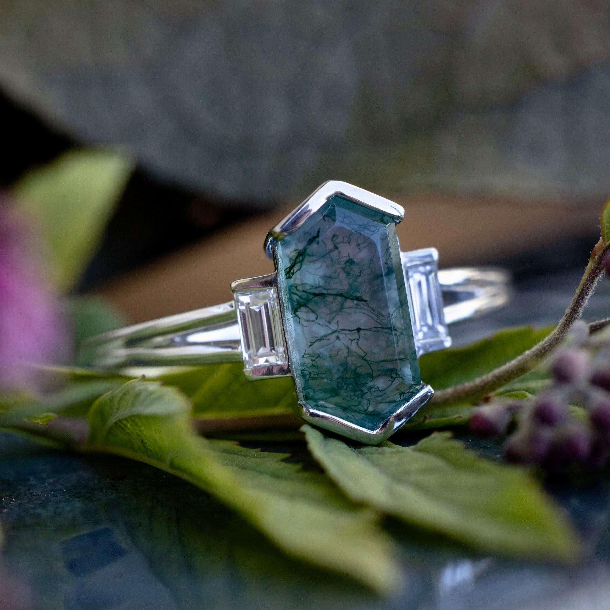 "Corella" - Half Bezel Set Elongated Hexagon Cut Moss Agate Engagement Ring With Diamond Accents-Staghead Designs