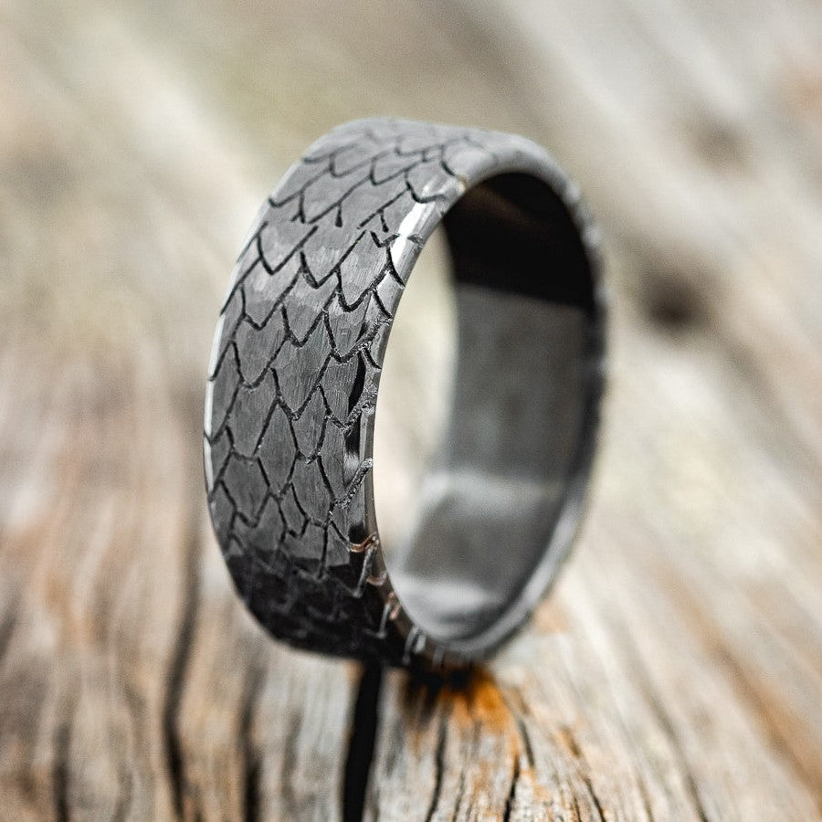"ECHO" - HAMMERED CUSTOM EMBOSSED DRAGON SCALE WEDDING RING-1