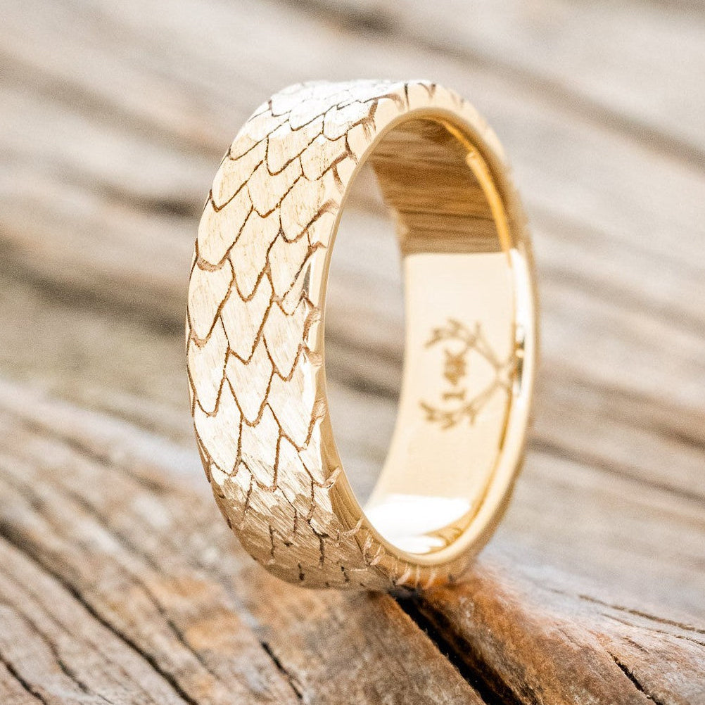 "Echo" - Hammered Custom Engraved Dragon Scale Wedding Ring-Staghead Designs