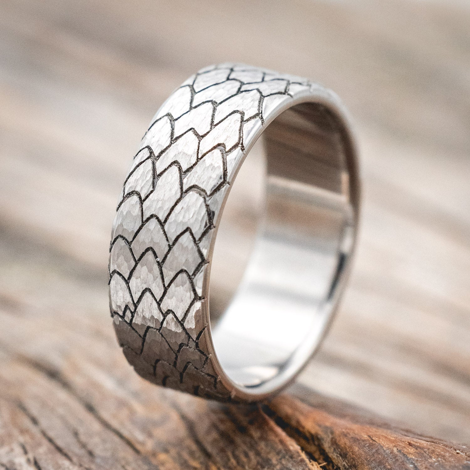 "ECHO" - HAMMERED CUSTOM EMBOSSED DRAGON SCALE WEDDING RING-Staghead Designs