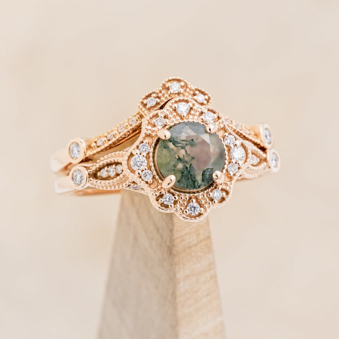 "EILEEN" - ROUND CUT MOSS AGATE ENGAGEMENT RING WITH DIAMOND ACCENTS & TRACER-1