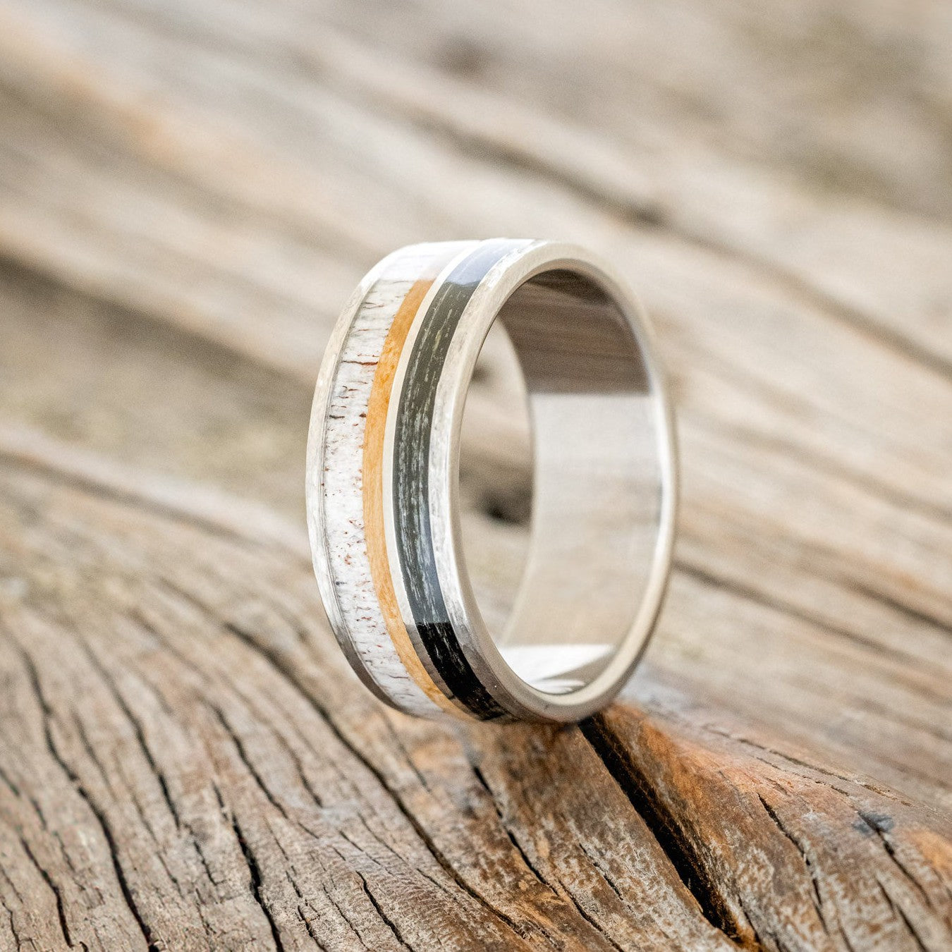 "ELEMENT" - FISHING LINE, ANTLER & WHISKEY BARREL WEDDING BAND IN A HAMMERED FINISH-1