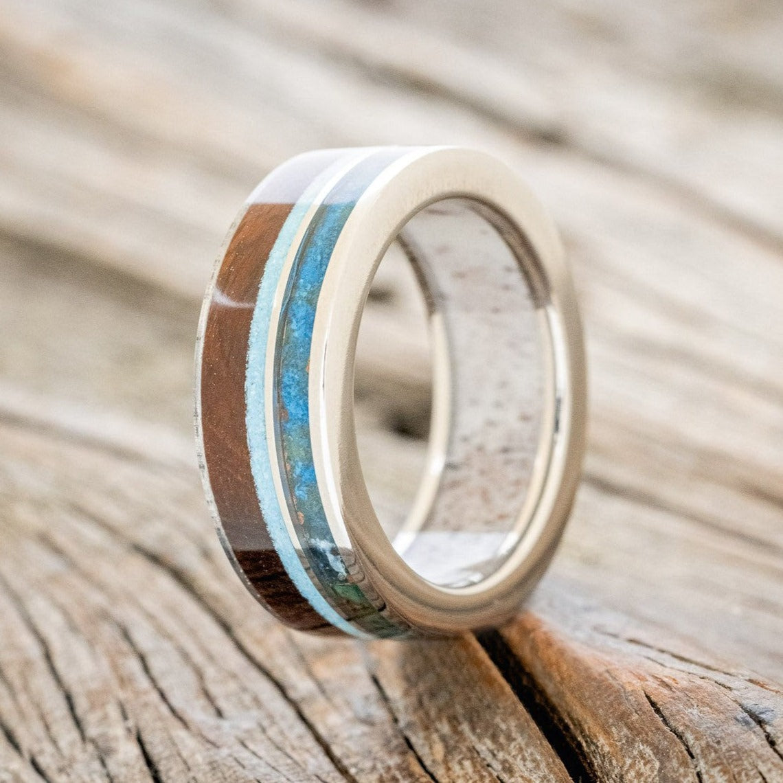 "ELEMENT" - IRONWOOD, PATINA COPPER & TURQUOISE WEDDING RING FEATURING AN ANTLER LINED BAND-1