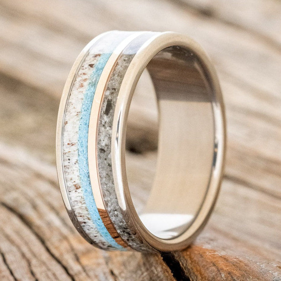 "ELEMENT" - MOONSTONE, TURQUOISE, ANTLER & 14K ROSE GOLD INLAY WEDDING BAND-1