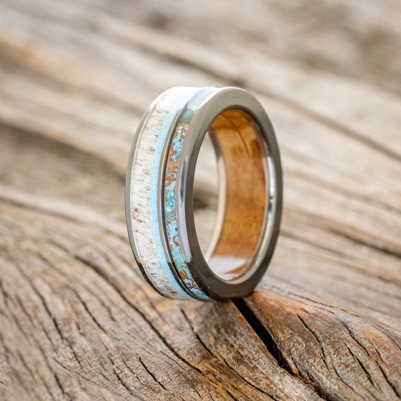 "ELEMENT" - WHISKEY BARREL OAK LINING WITH PATINA COPPER, ANTLER & TURQUOISE INLAYS WEDDING RING-1