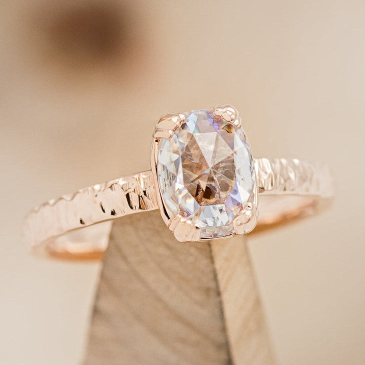 "ELLA" - ANTIQUE CUSHION ROSE CUT MOISSANITE SOLITAIRE ENGAGEMENT RING WITH HAMMERED FINISH-1