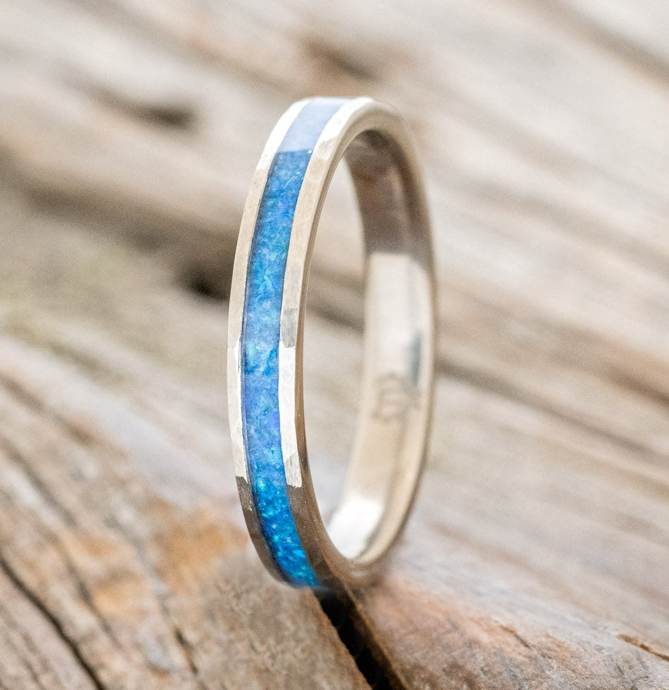 "ETERNA"- BLUE OPAL STACKING WEDDING BAND WITH A HAMMERED FINISH-1