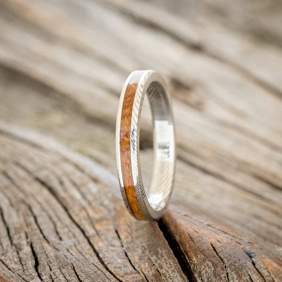 "ETERNA" - WHISKEY BARREL OAK STACKING BAND - DAMASCUS STEEL - SIZE 7-Staghead Designs