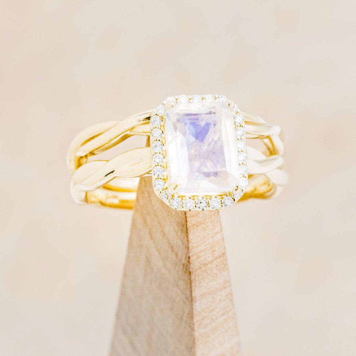 "EVERLEIGH" - EMERALD CUT MOONSTONE ENGAGEMENT RING WITH DIAMOND HALO & WOVEN STACKING BAND-1