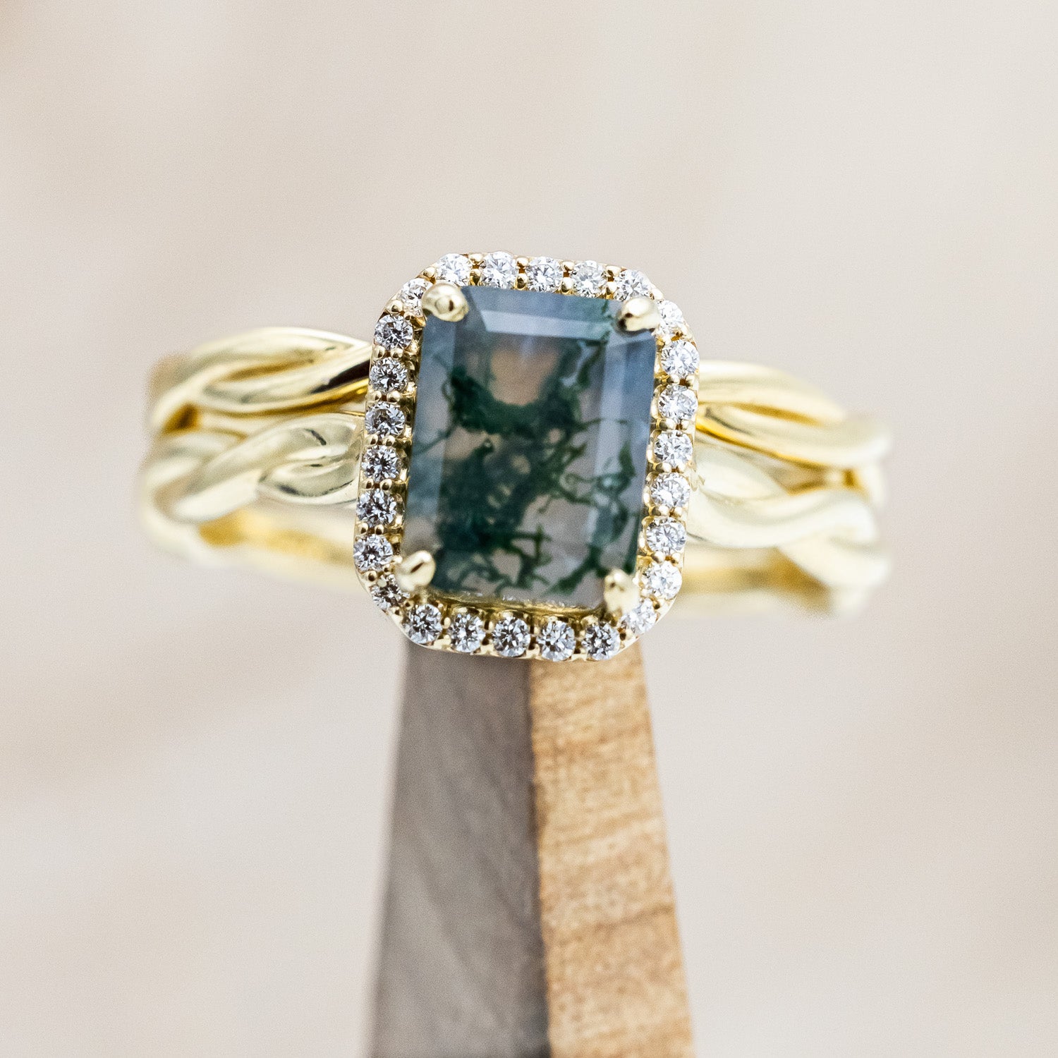 "EVERLEIGH" - EMERALD CUT MOSS AGATE WEDDING BAND SET WITH DIAMOND HALO & TWISTED STACKING BAND-Staghead Designs