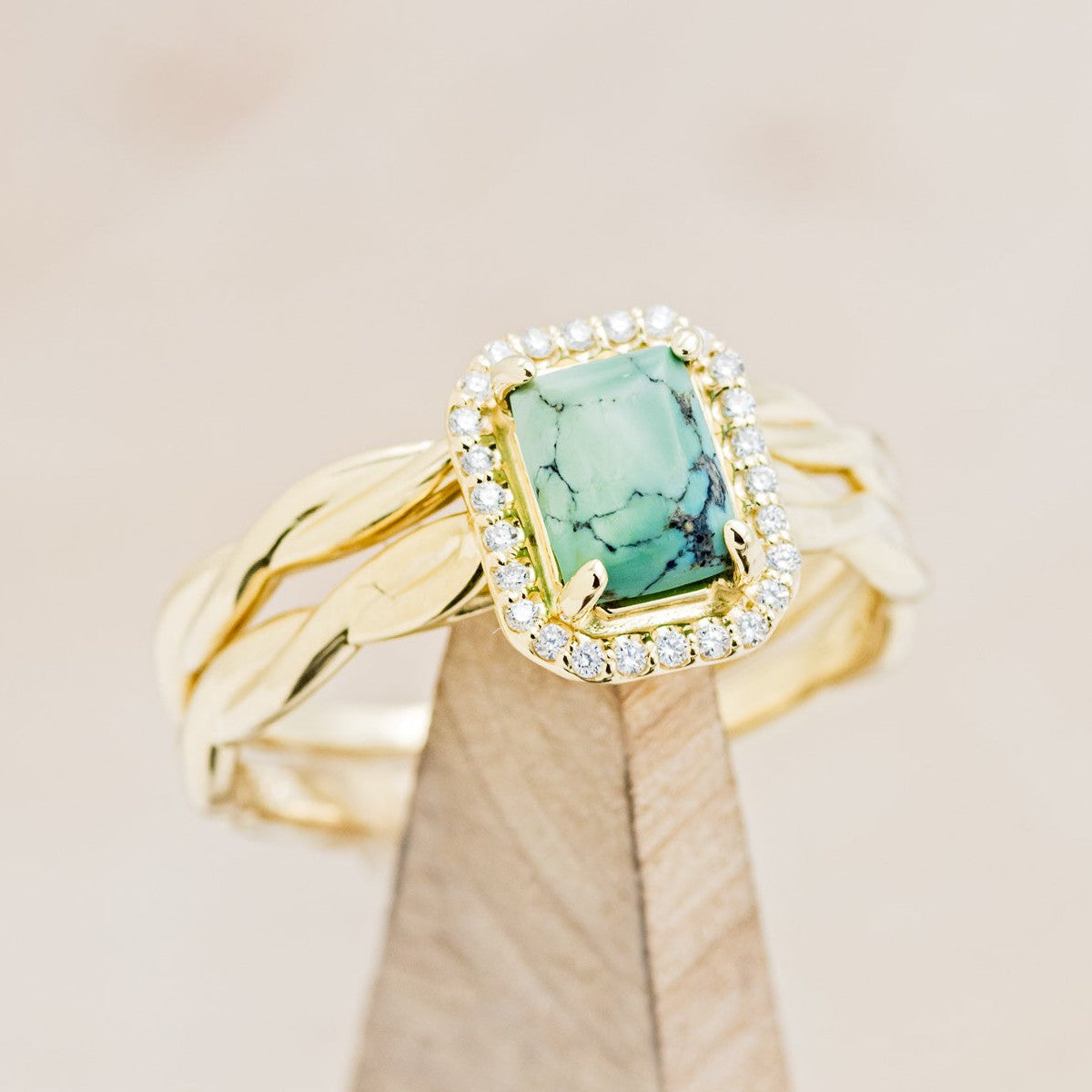 "EVERLEIGH" - EMERALD CUT TURQUOISE WEDDING BAND SET WITH DIAMOND HALO & TWISTED STACKING BAND-1