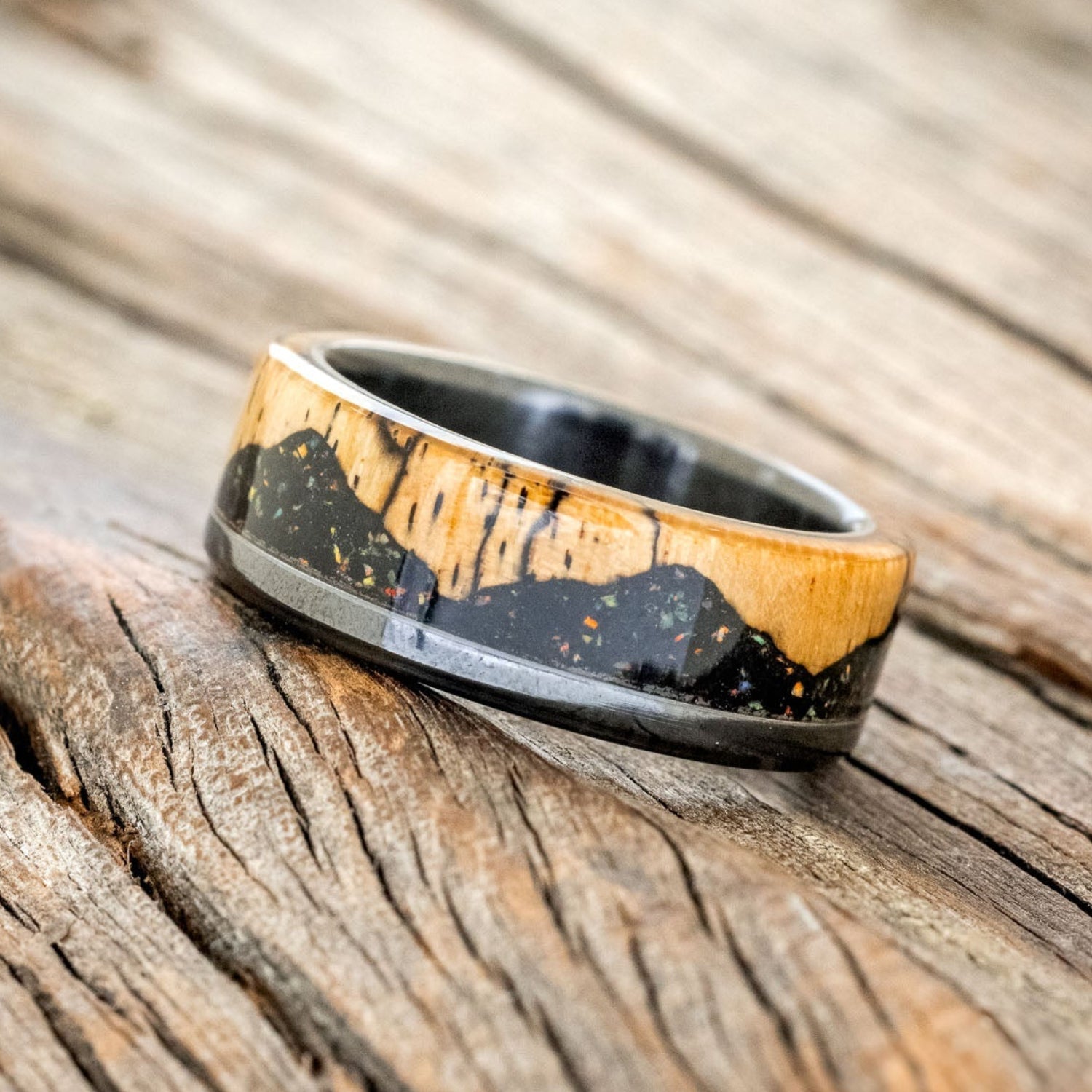 "EZRA" - SPALTED MAPLE WITH JET STONE & OPAL MIX WEDDING BAND-1