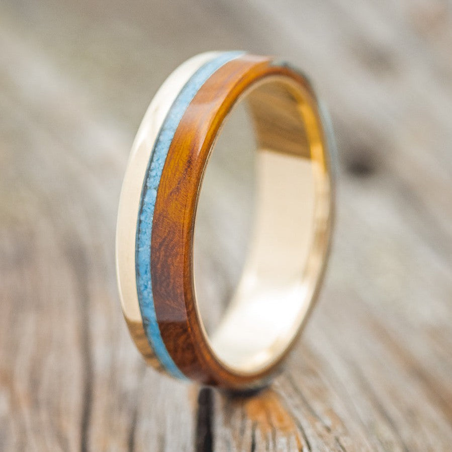 "EZRA" - TURQUOISE & IRONWOOD WEDDING RING FEATURING A 14K GOLD BAND-1