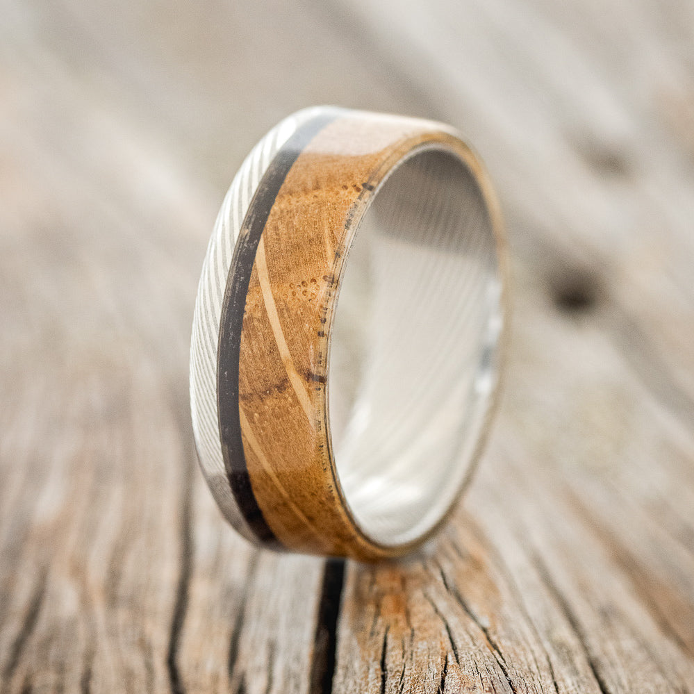 "EZRA" - WHISKEY BARREL & CHARRED WHISKEY BARREL WEDDING BAND - DAMASCUS STEEL - SIZE 10 1/2-1