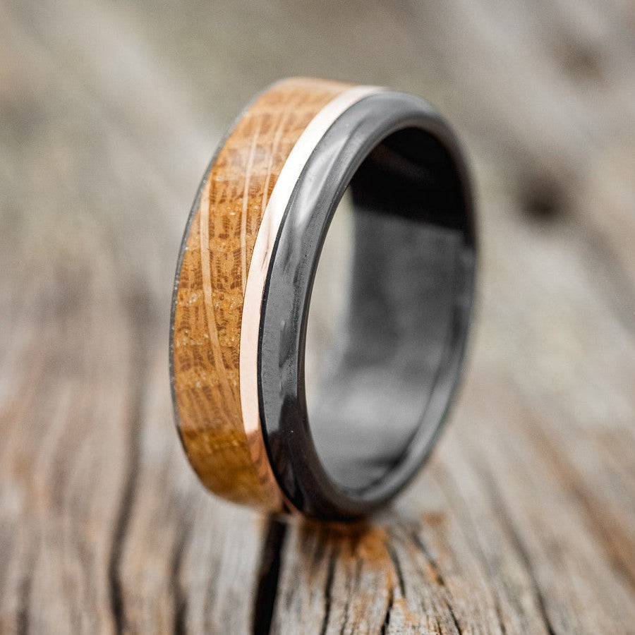 "EZRA" - WHISKEY BARREL OAK & 14K GOLD INLAY WEDDING BAND-1