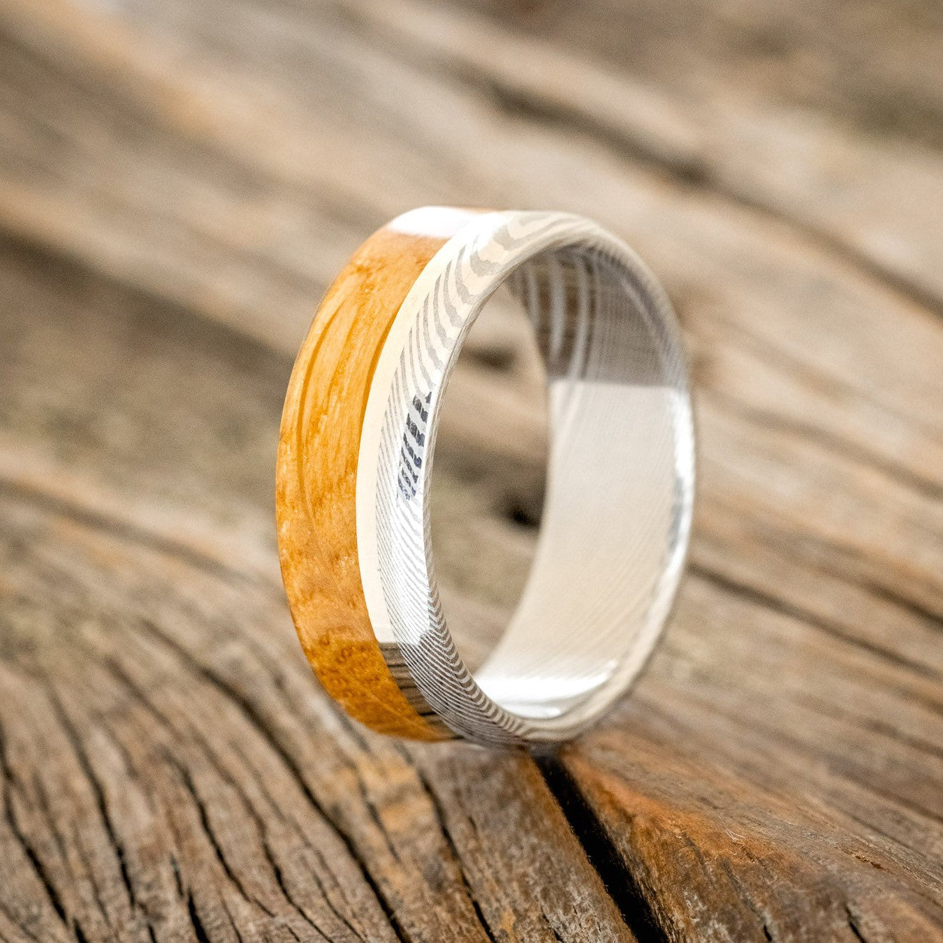 "EZRA" - WHISKEY BARREL OAK & 14K WHITE GOLD INLAY WEDDING RING-1