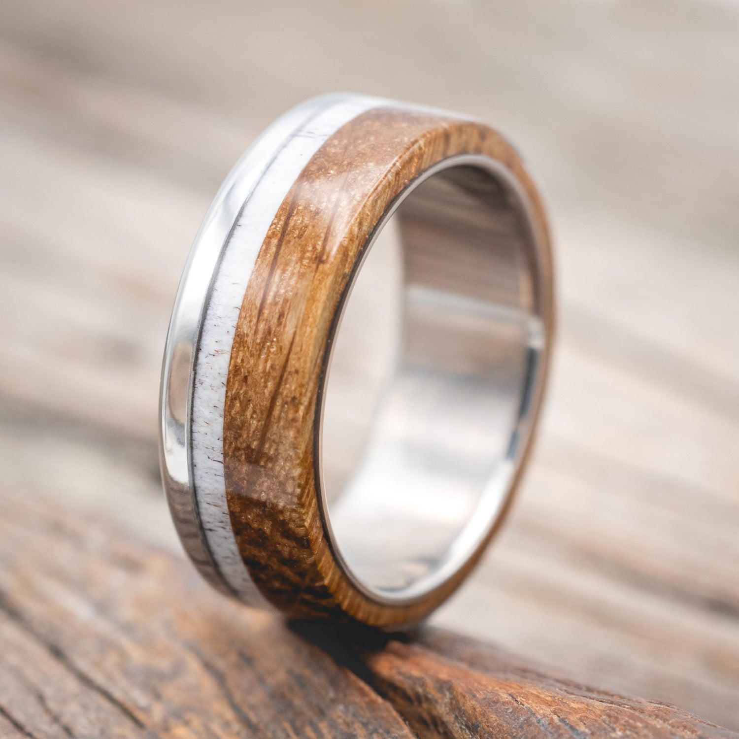 "EZRA" - WHISKEY BARREL OAK & ANTLER WEDDING BAND-Staghead Designs