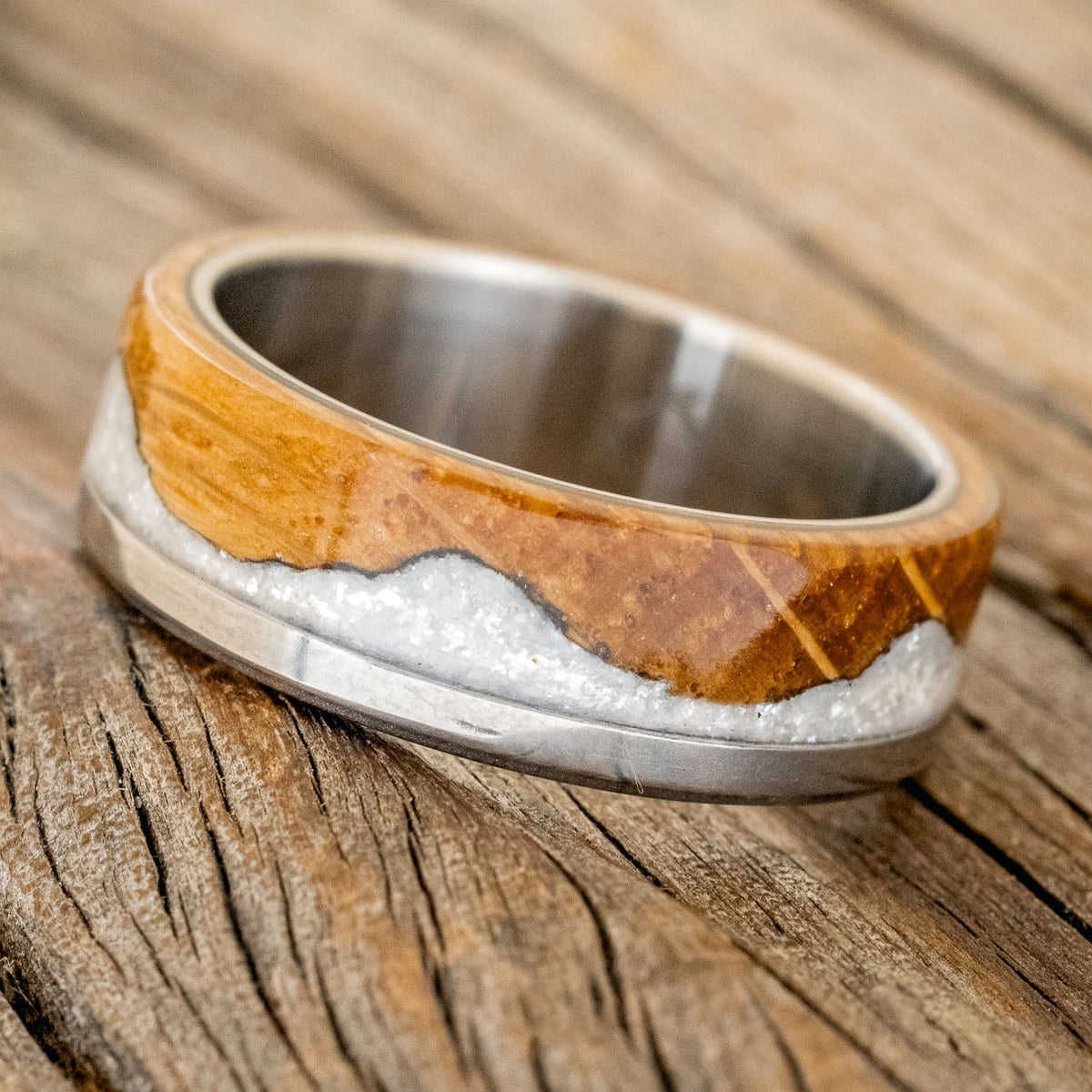 "EZRA" - WHISKEY BARREL OAK WITH DIAMOND DUST WEDDING RING-1