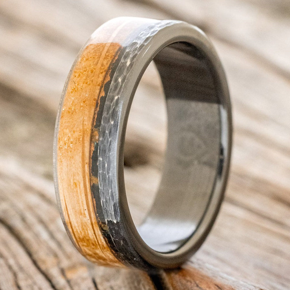 "EZRA" - WHISKEY BARREL & PATINA COPPER WEDDING RING WITH A HAMMERED FINISH-1