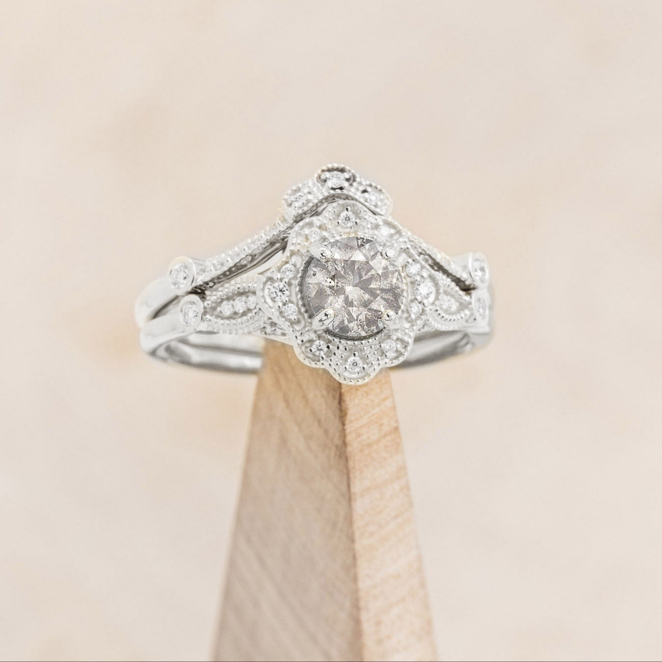 "EILEEN" - ROUND CUT ENGAGEMENT RING WITH DIAMOND ACCENTS & TRACER-Staghead Designs