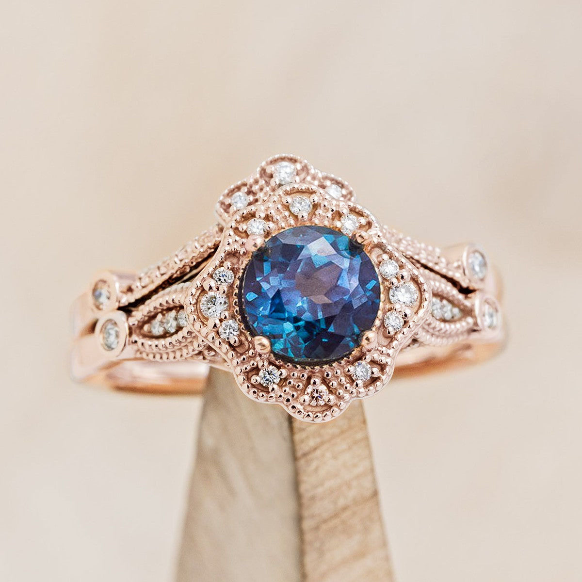 "EILEEN" - ROUND CUT ENGAGEMENT RING WITH DIAMOND ACCENTS & TRACER-Staghead Designs