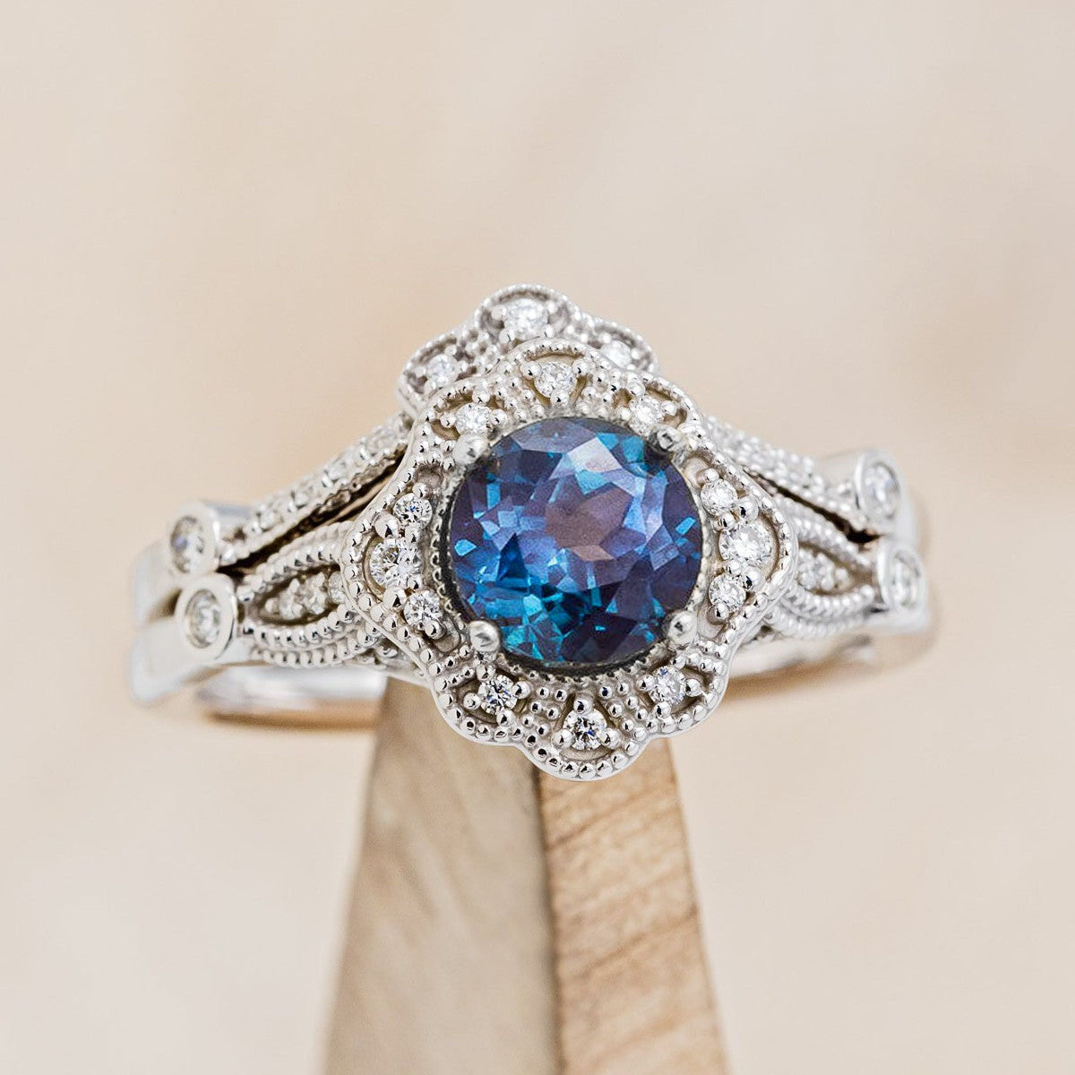 "EILEEN" - ROUND CUT ENGAGEMENT RING WITH DIAMOND ACCENTS & TRACER-Staghead Designs