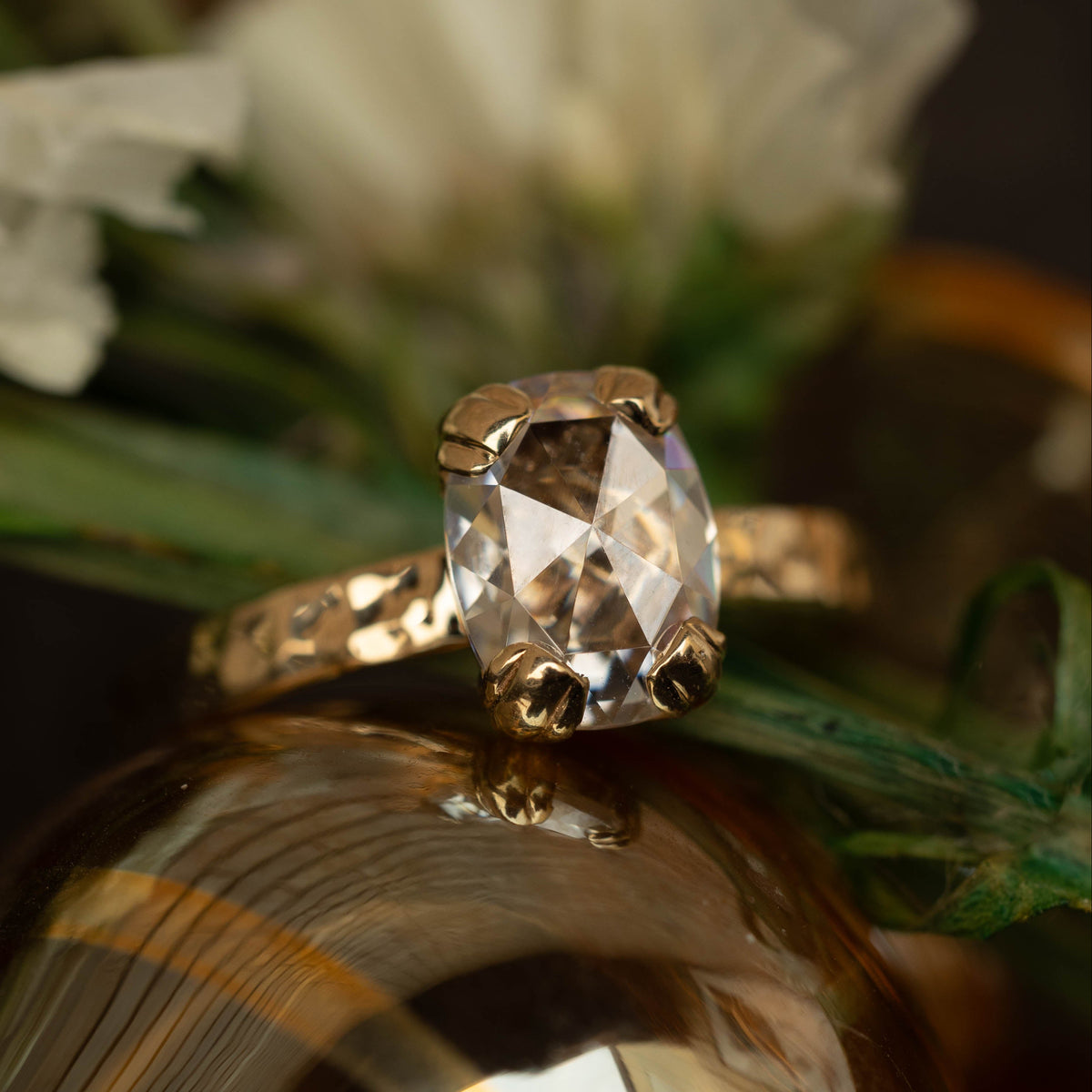"ELLA" - ANTIQUE CUSHION ROSE CUT MOISSANITE SOLITAIRE ENGAGEMENT RING WITH HAMMERED FINISH-Staghead Designs