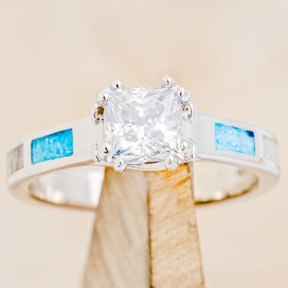 "FAWN" - PRINCESS CUT MOISSANITE ANTLER PRONGED ENGAGEMENT RING WITH ANTLER & TURQUOISE INLAYS-1