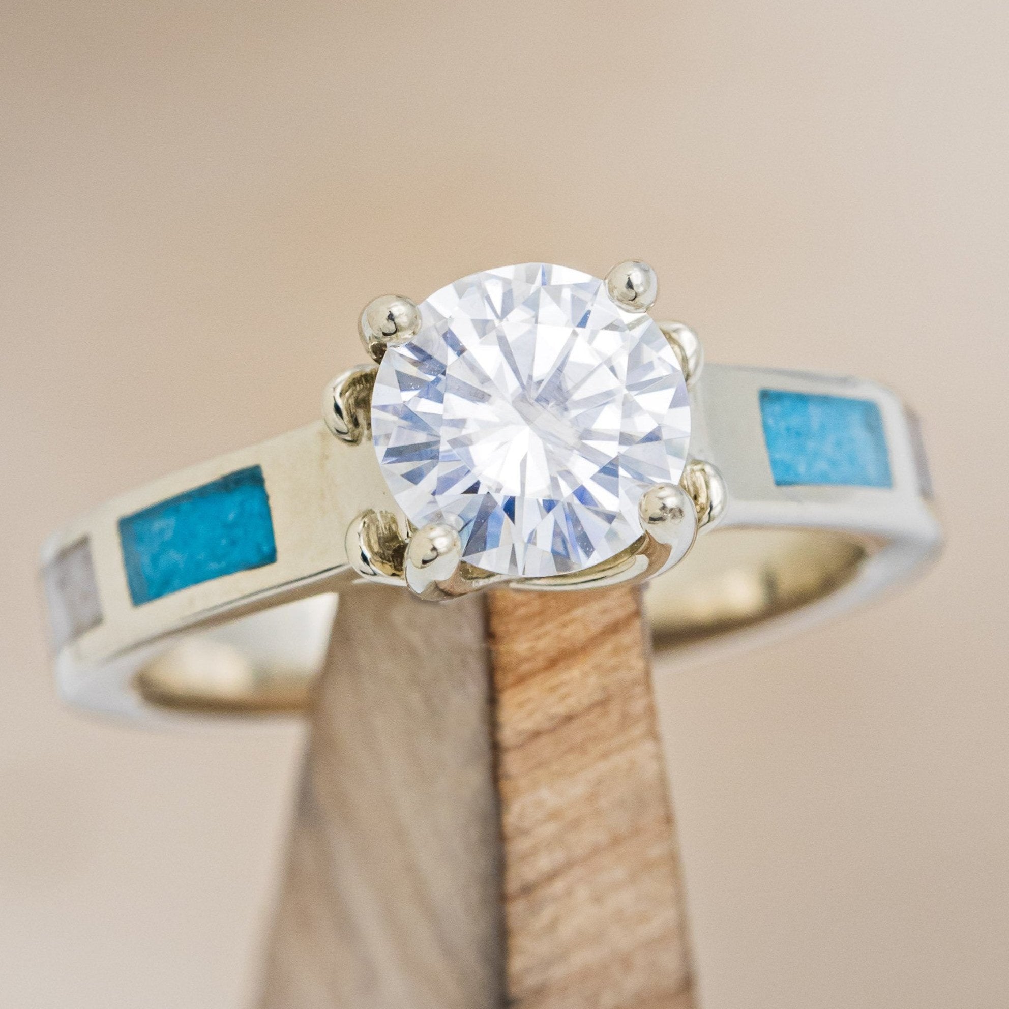 "FAWN" - ROUND CUT MOISSANITE ANTLER PRONGED ENGAGEMENT RING WITH ANTLER & TURQUOISE INLAYS-1