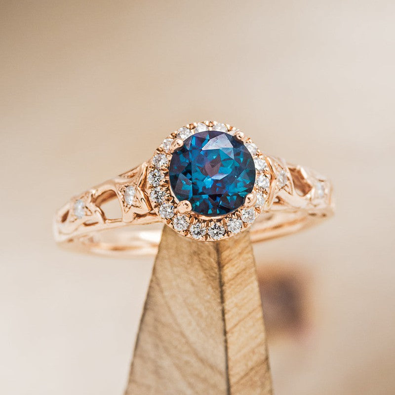 "FAYE" - ROUND CUT LAB-GROWN ALEXANDRITE ENGAGEMENT RING WITH DIAMOND HALO & ACCENTS-1