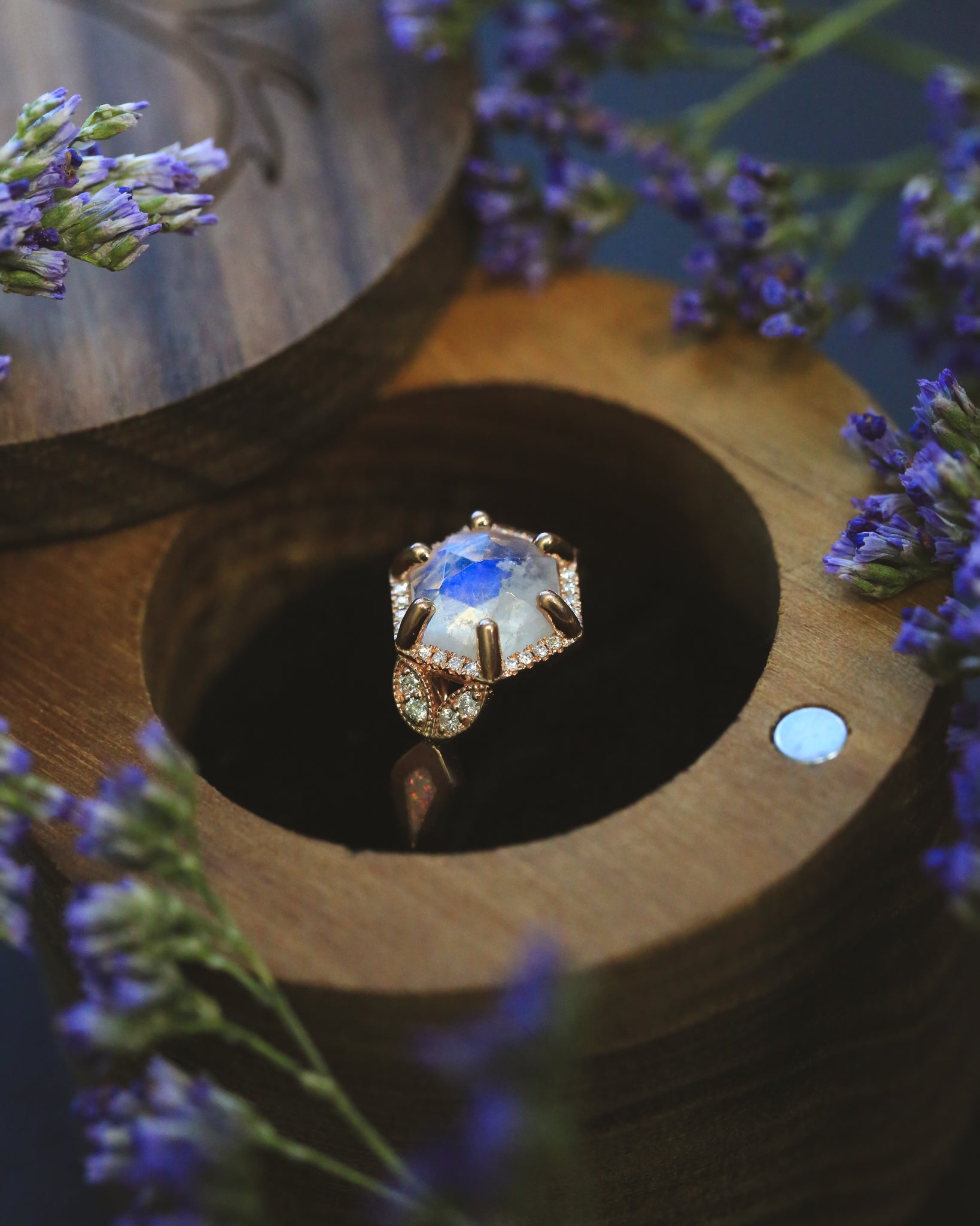 "LUCY IN THE SKY" - FACETED HEXAGON MOONSTONE ENGAGEMENT RING WITH DIAMOND HALO & FIRE AND ICE OPAL INLAYS-20