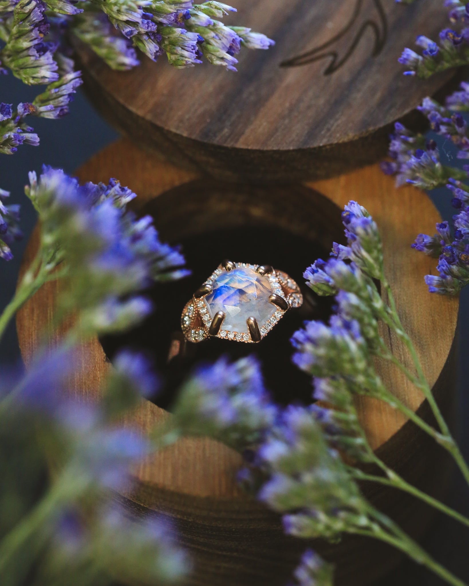 "LUCY IN THE SKY" - FACETED HEXAGON MOONSTONE ENGAGEMENT RING WITH DIAMOND HALO & FIRE AND ICE OPAL INLAYS-19