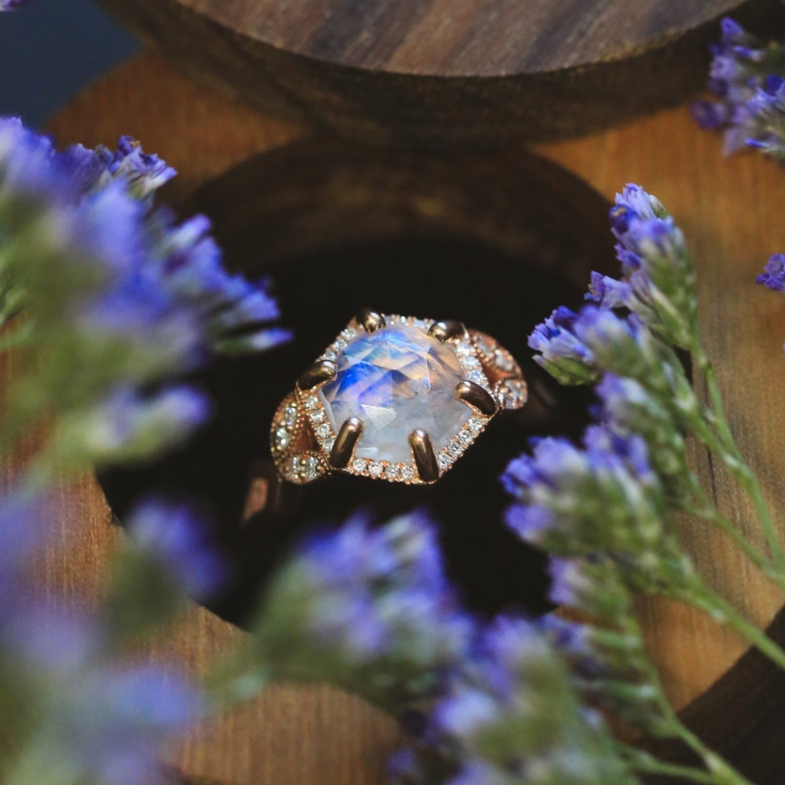 "LUCY IN THE SKY" - FACETED HEXAGON MOONSTONE ENGAGEMENT RING WITH DIAMOND HALO & FIRE AND ICE OPAL INLAYS-19