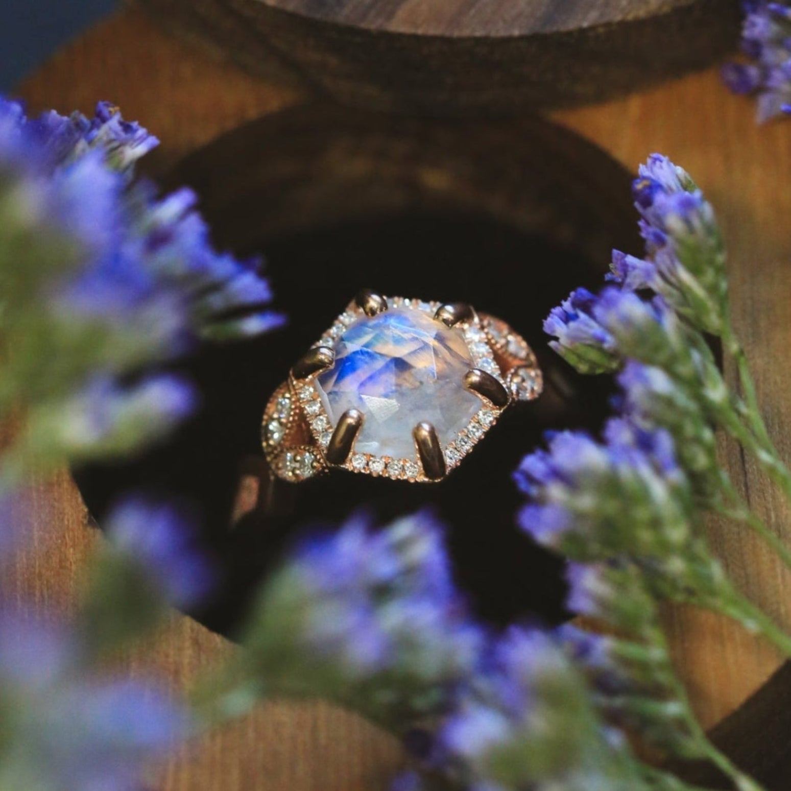 "LUCY IN THE SKY" - FACETED HEXAGON MOONSTONE ENGAGEMENT RING WITH DIAMOND HALO & FIRE AND ICE OPAL INLAYS-19