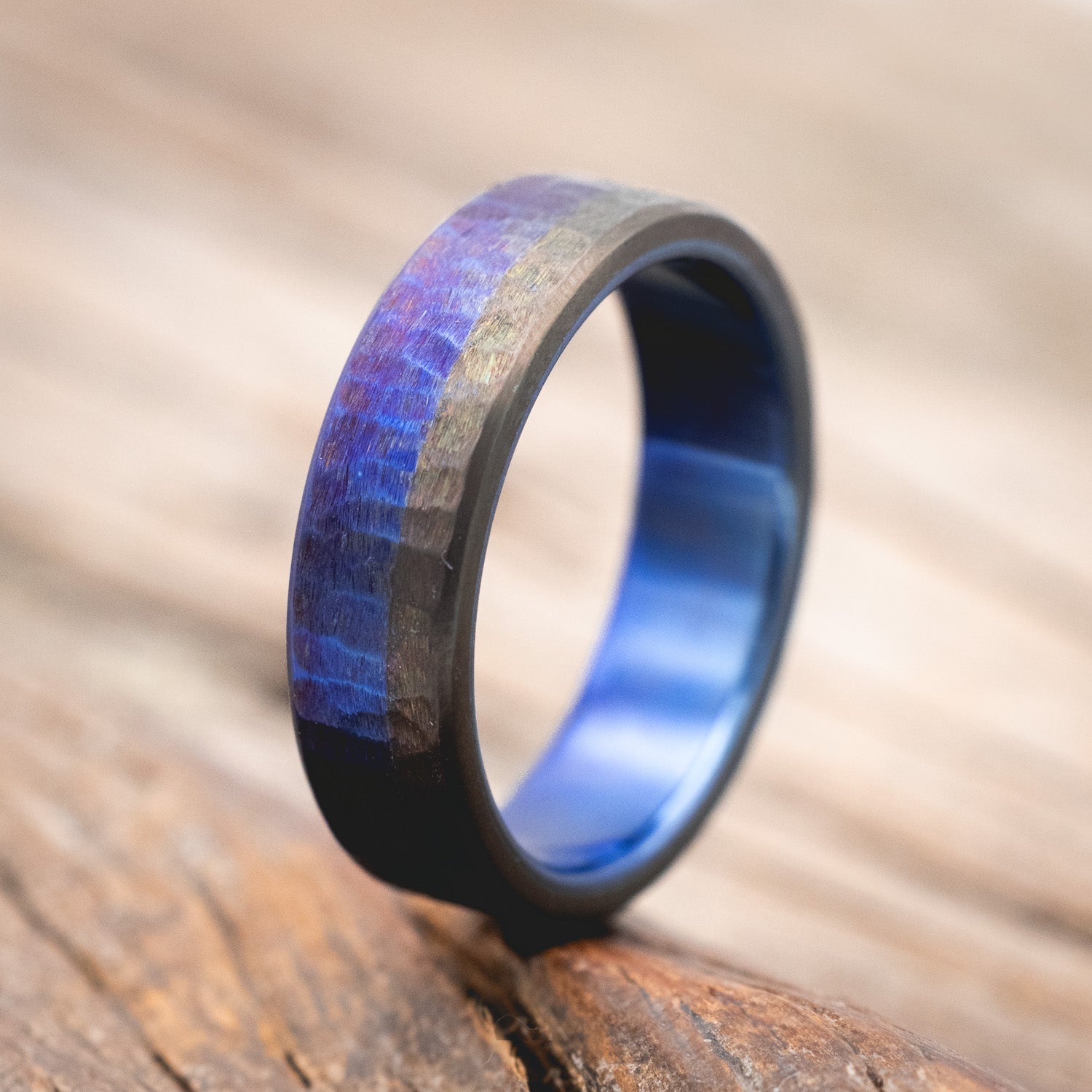 FIRE-TREATED TITANIUM WEDDING RING WITH BLACK ZIRCONIUM OVERLAY & HAMMERED FINISH-Staghead Designs