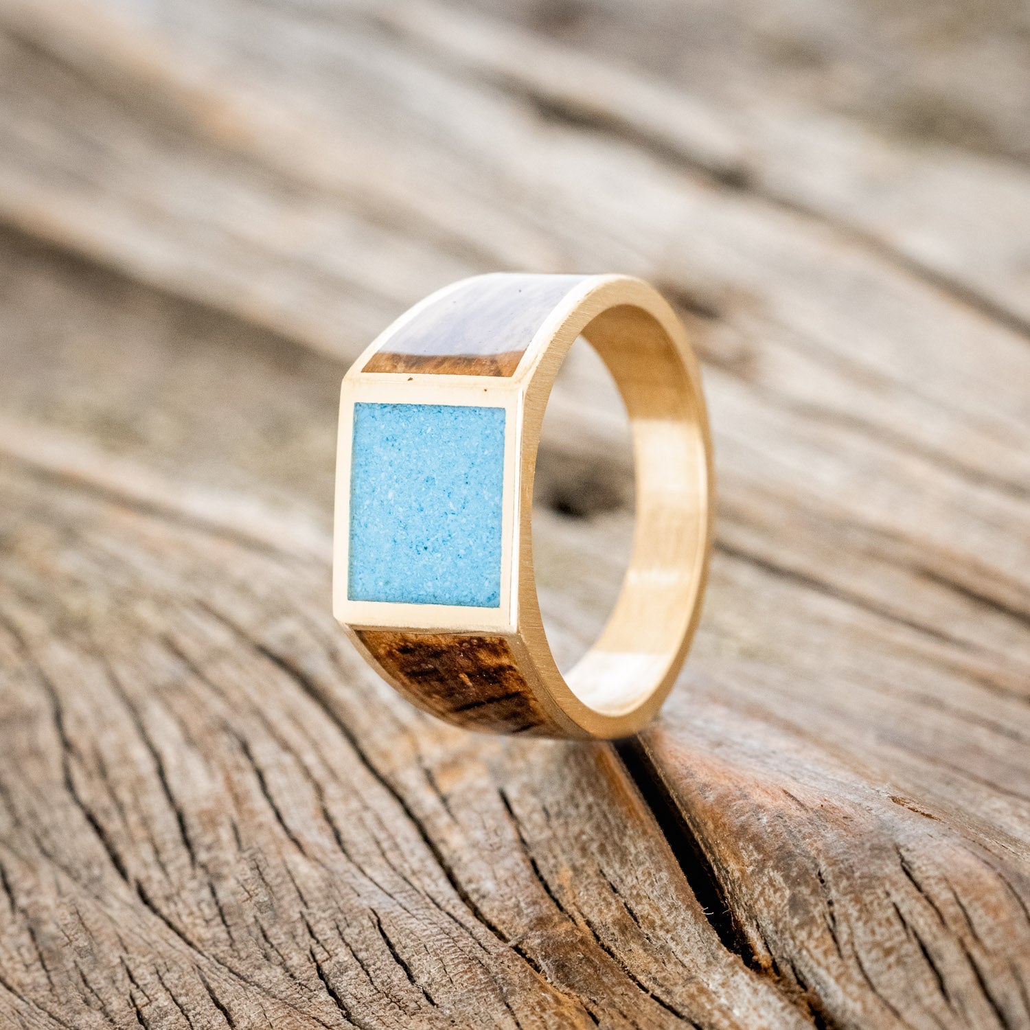 FLAT TOP WEDDING RING FEATURING TURQUOISE & WHISKEY BARREL INLAYS-Staghead Designs