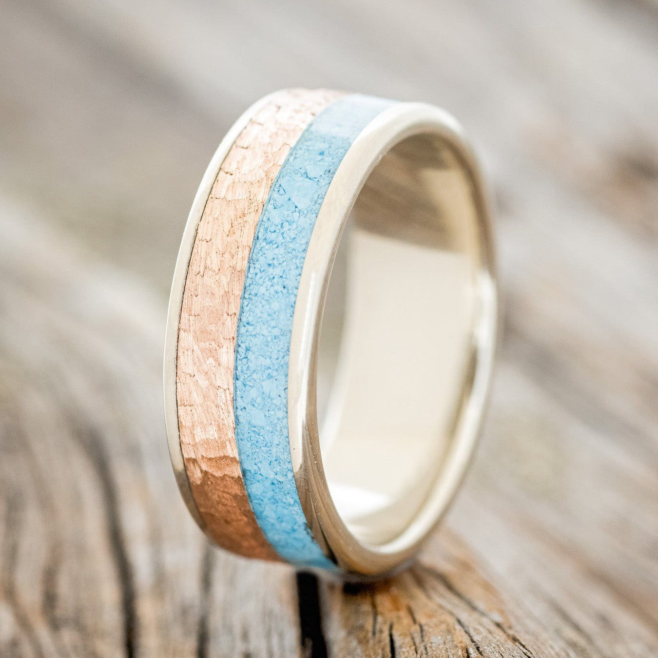 "FLYNN" - TURQUOISE & HAMMERED 14K GOLD INLAY WEDDING RING FEATURING A 14K GOLD BAND-1