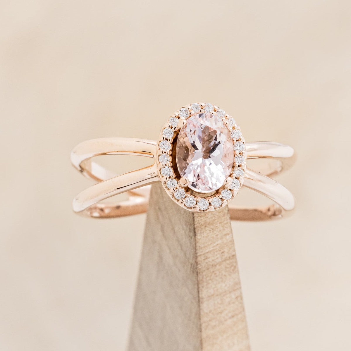 "FRENCHY" - OVAL MORGANITE ENGAGEMENT RING WITH DIAMOND HALO-1