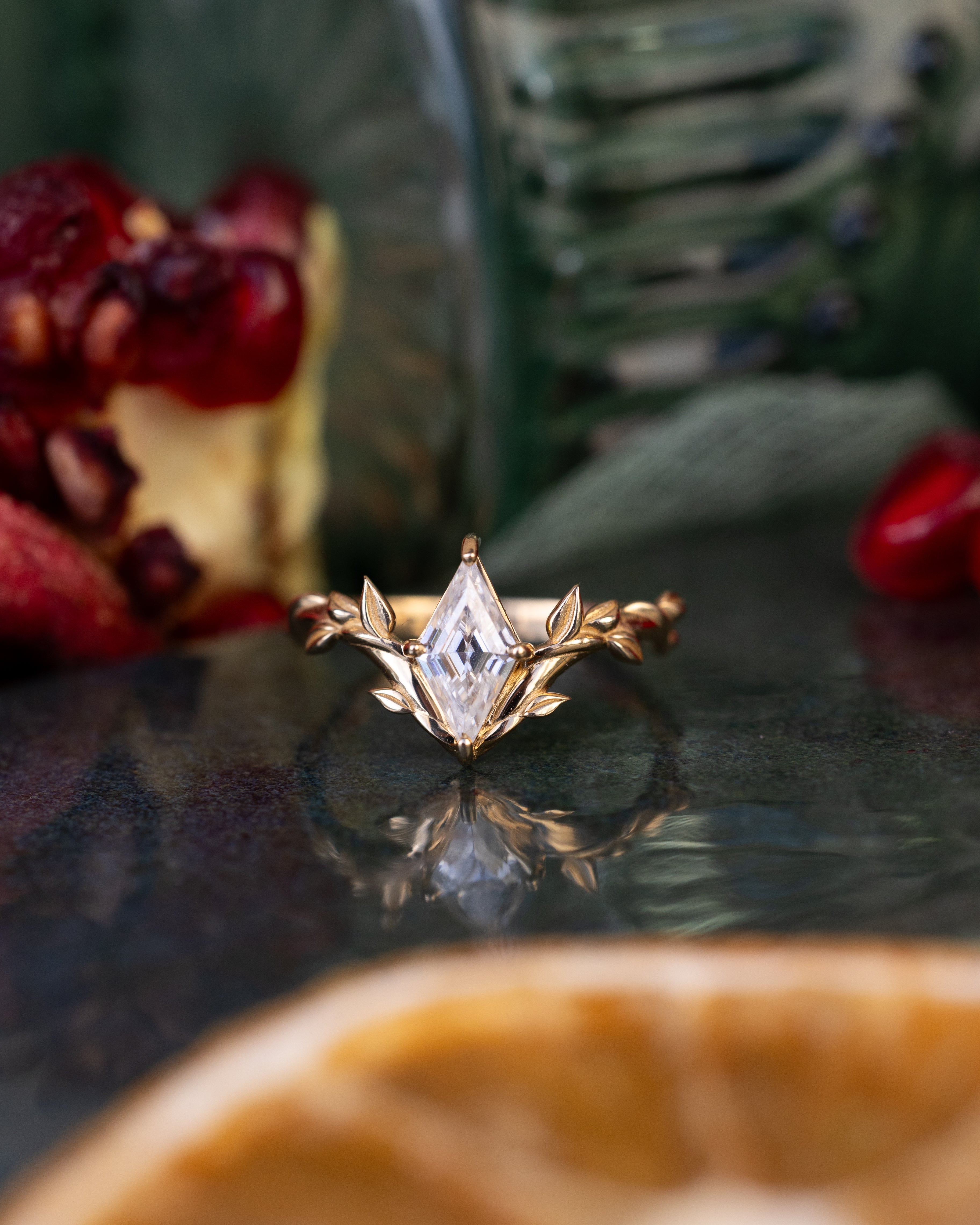 "FAE" - SOLITAIRE-STYLE LOZENGE CUT MOISSANITE ON A BRANCH-INSPIRED BAND-Staghead Designs