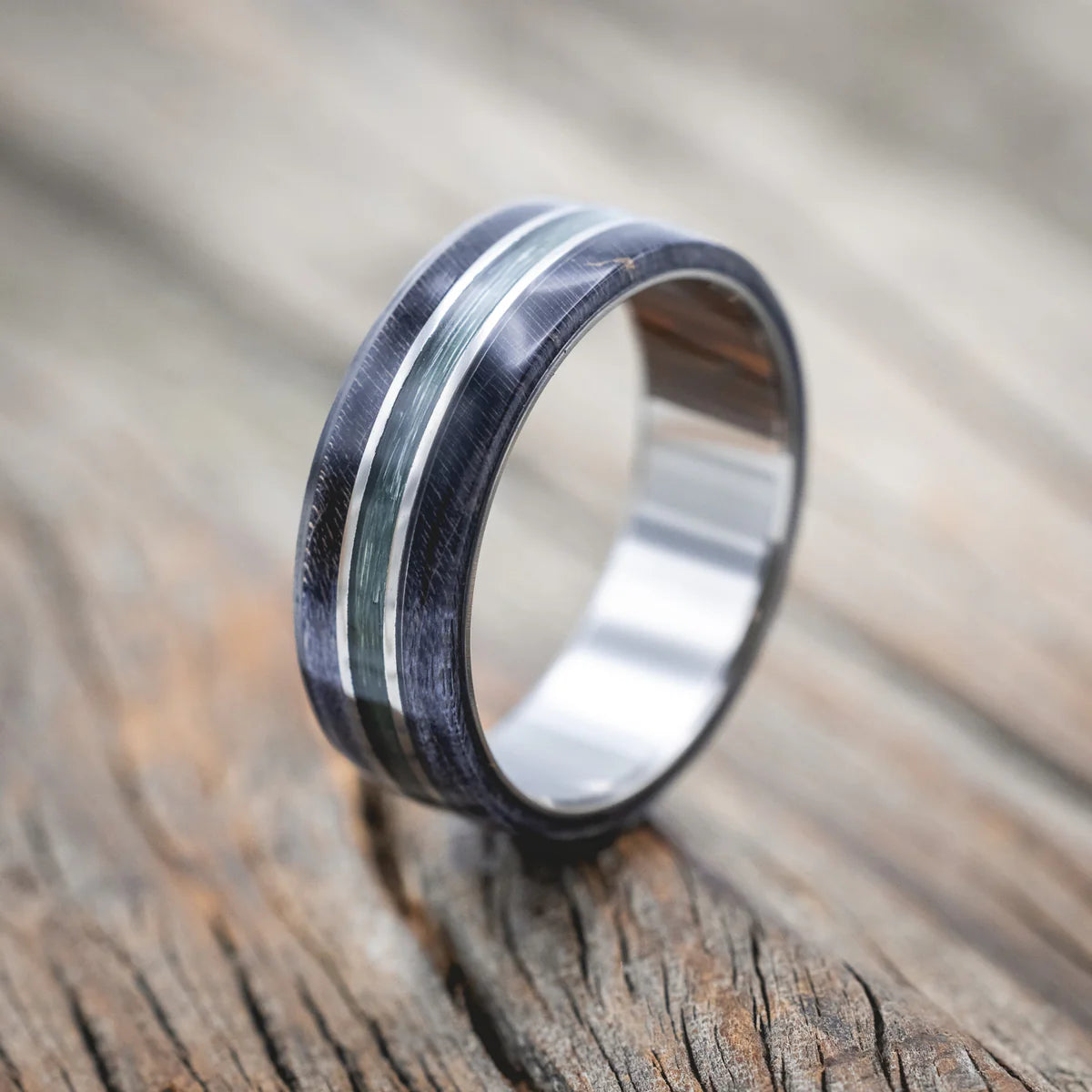 "GLEN" - GREY DARK MAPLE WOOD & FISHING LINE WEDDING RING - TITANIUM - SIZE 9 3/4-Staghead Designs