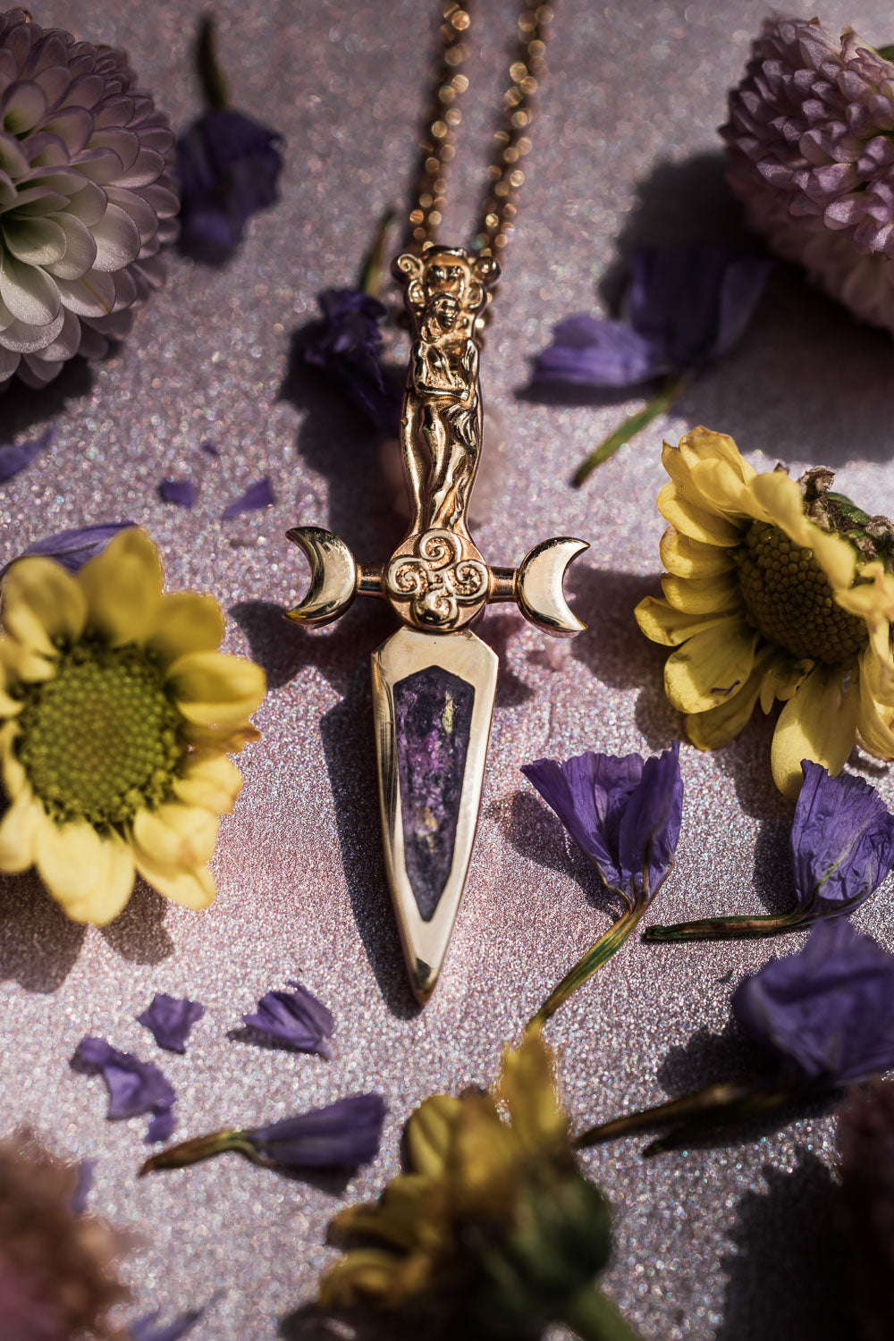 GODDESS DAGGER PENDANT WITH MIXED FLOWER PETAL INLAY-Staghead Designs