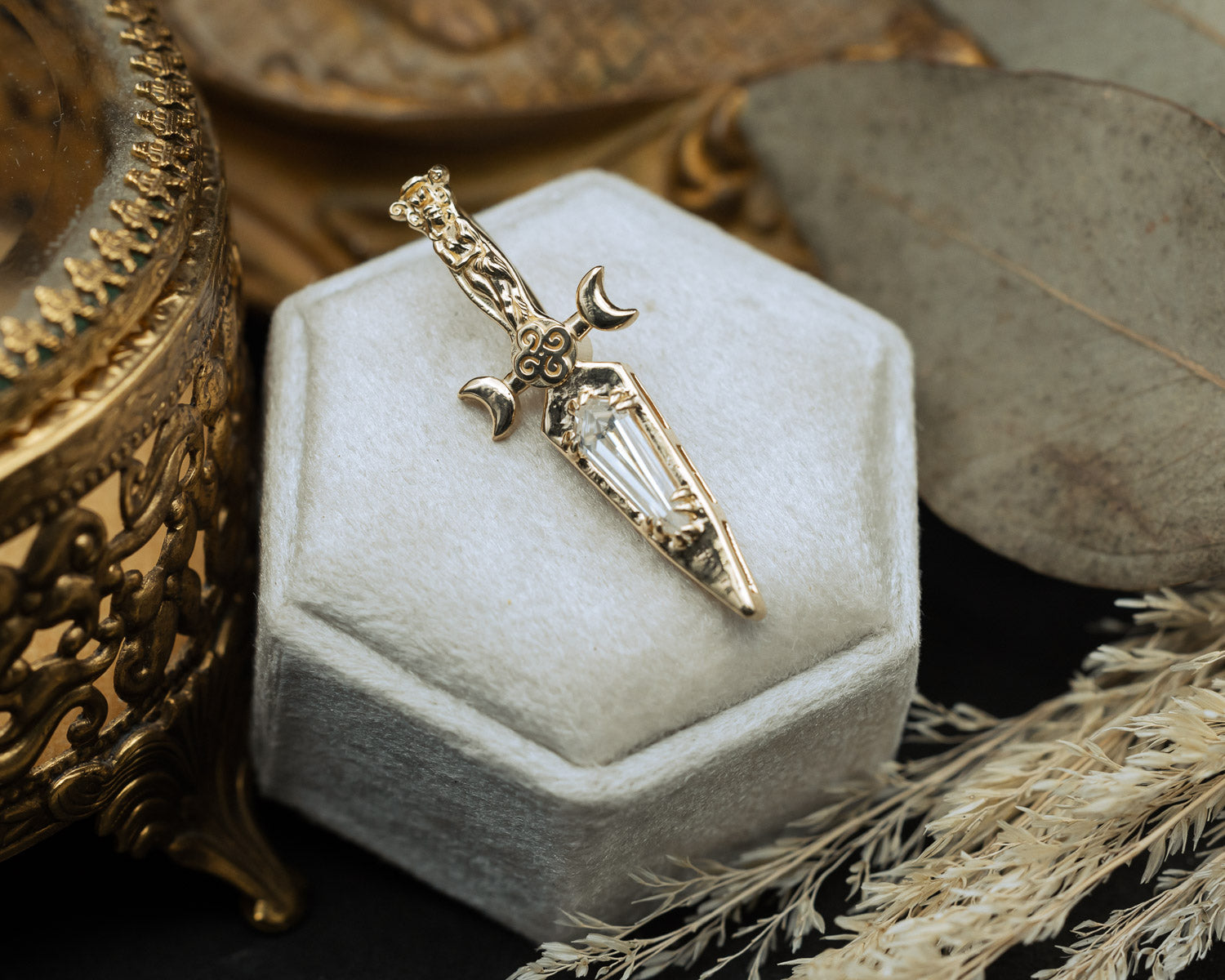 Goddess Dagger Pendant in 14K Gold with Moissanite Staghead Designs - Main Image