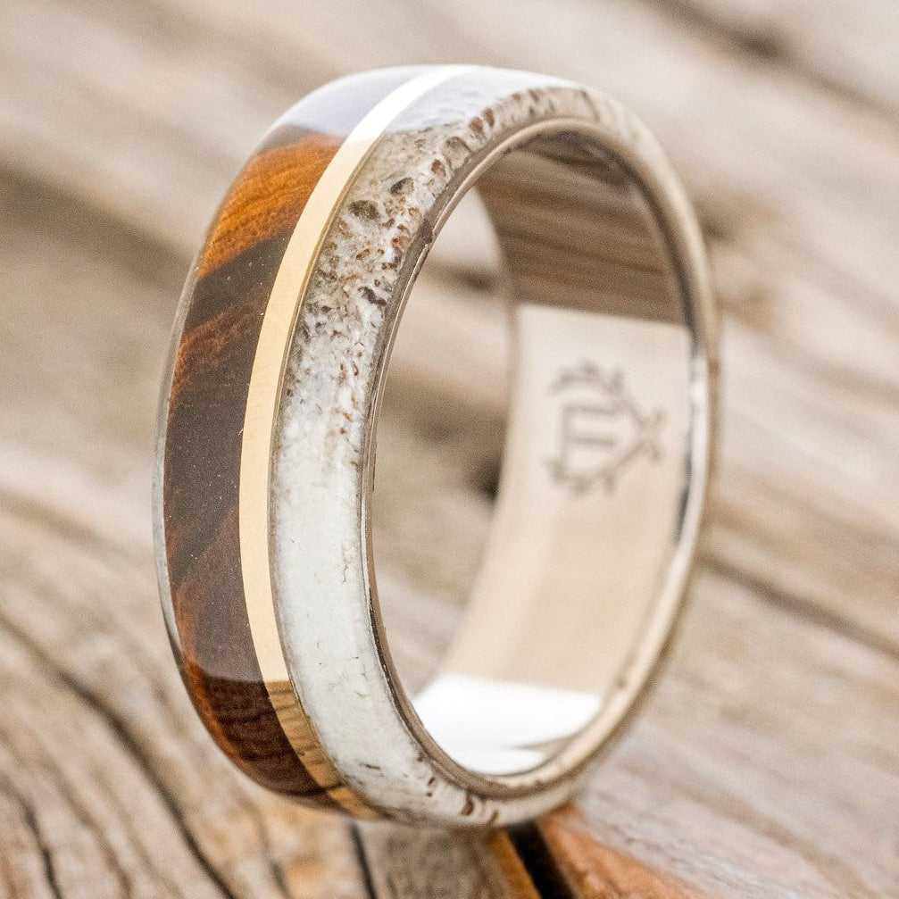 "GOLDEN" - IRONWOOD, ANTLER & 14K GOLD INLAY WEDDING BAND-1