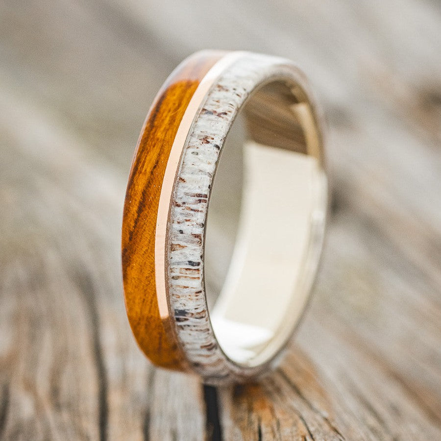 "GOLDEN" - IRONWOOD, ANTLER & 14K GOLD INLAY WEDDING RING FEATURING A 14K GOLD BAND-1