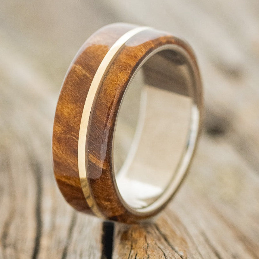 "GOLDEN" - REDWOOD & 14K GOLD INLAY WEDDING BAND-1