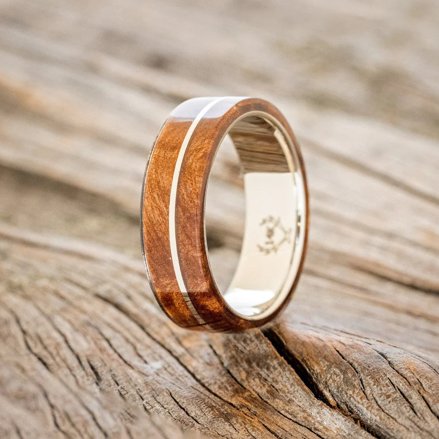 "GOLDEN" - REDWOOD & 14K WHITE GOLD INLAY WEDDING BAND - 14K WHITE GOLD - SIZE 9-Staghead Designs