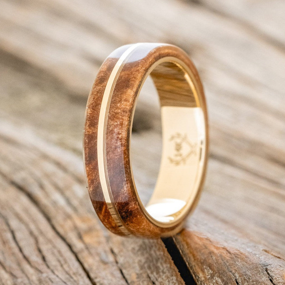 "GOLDEN" - REDWOOD & 14K GOLD INLAY WEDDING BAND-1