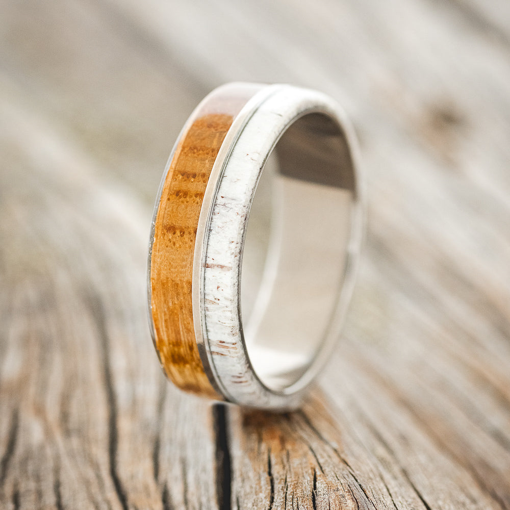 "GOLDEN" - WHISKEY BARREL OAK & ANTLER WEDDING BAND - READY TO SHIP-1