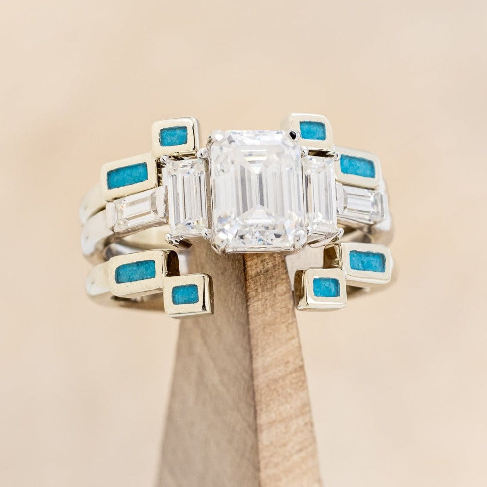 "GRETA" - BRIDAL SUITE - EMERALD CUT MOISSANITE ENGAGEMENT RING WITH TURQUOISE STACKING BANDS-1
