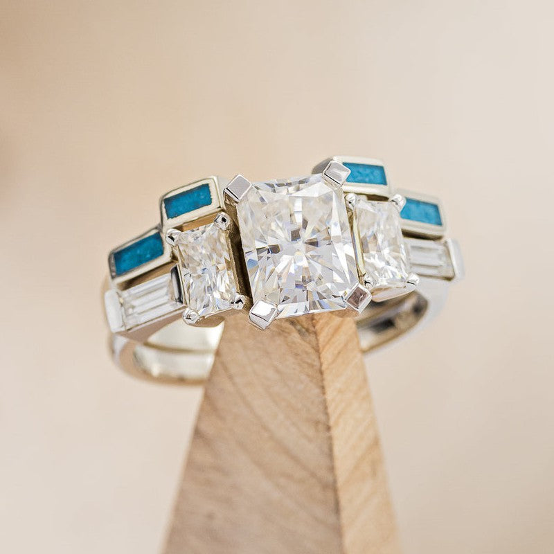 "GRETA" - EMERALD CUT MOISSANITE ENGAGEMENT RING WITH DIAMOND ACCENTS & TURQUOISE TRACER-1